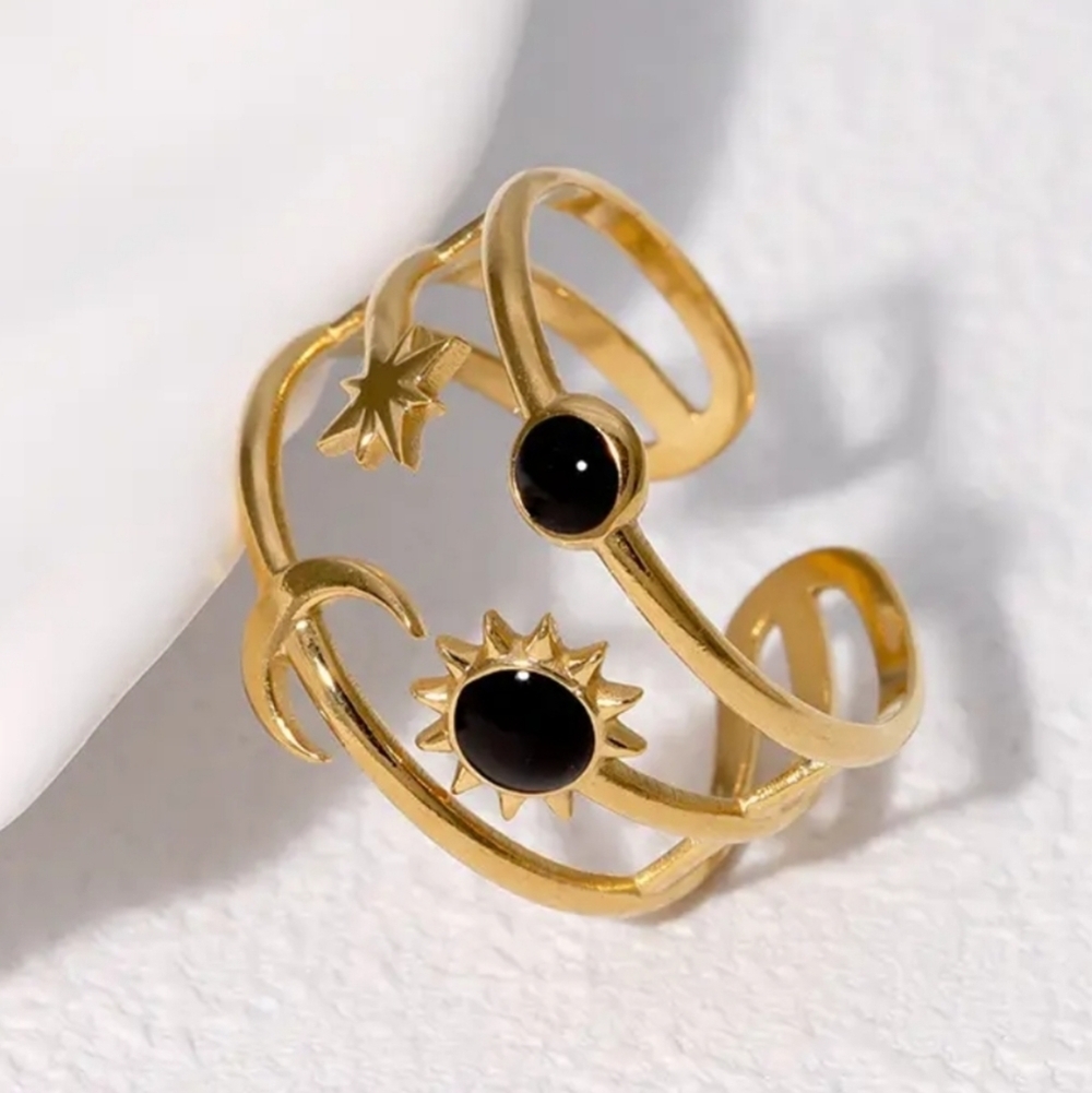 Restocked! New! Adjustable size ring: Sun, Moon & Star Ring, Synthetic Stones